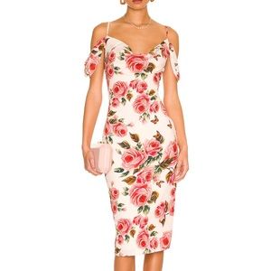 Tasha Drape Midi Dress Blush Floral by MORE TO COME, Revolve, Barbiecore, Pink